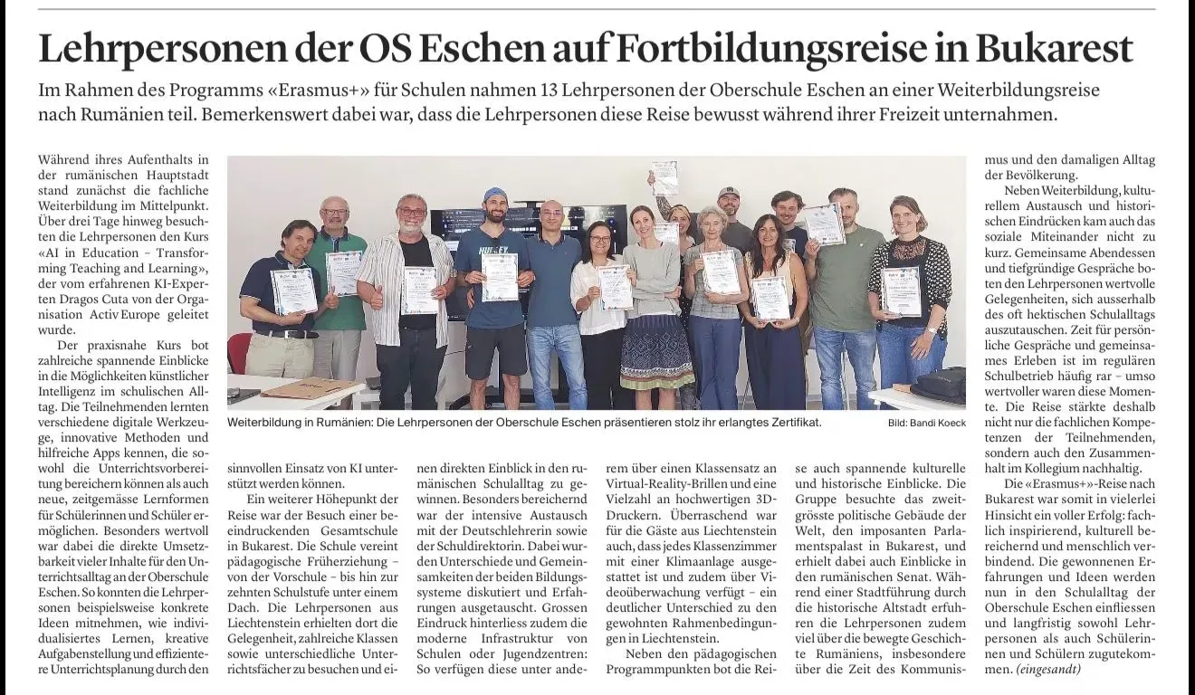 Liechtensteiner Vaterland newspaper article about Oberschule Eschen teachers attending the AI in Education course in Bucharest